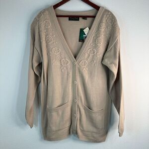 Vintage Dana Scott Floral Embroidered Tan Knit Cardigan Women’s Medium Deadstock